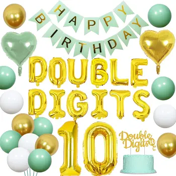 декорация на 10-ти рожден ден, златна двуцифрен номер 10, балон от фолио, зелен банер честит рожден ден, за купоните на 10-ти рожден ден