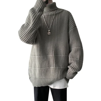 Пуловер с висока воротом, монофонични вязаный пуловер за момчета, зимна топла пуловер с вътрешен дрямка, основен пуловер, пуловер