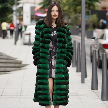 Дамско дълго зимно палто от чинчила, луксозни палта от естествена кожа заек Рекс за жени, меховое палто дамско топло, бестселър