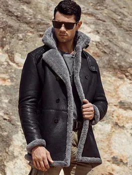 2020 Ново мъжко палто от агнешка кожа, дългата кожа на горно облекло, черно кожени палта B3, ловно яке, зимни паркове от овча кожа