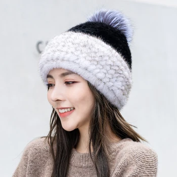 Есенно-зимни норковая вязаная капачка за жени, кожа, слама детска шапка с петно от гъста лисьей вълна, топла шапка за защита на ушите, ски топло