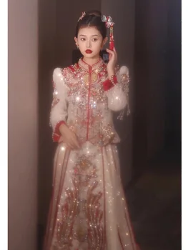 Китайското традиционната сватбена рокля с пайети цвят шампанско, златна бродерия, класическа Ципао, расшитый мъниста Ципао