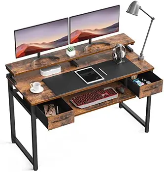 Бюро с Поставка за клавиатура и чекмеджета, 55-инчов Офис маса с място за багаж, бюро с рафт за монитор, бюро за