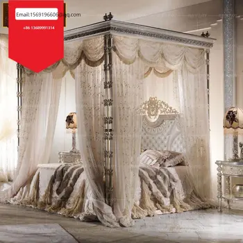Френската луксозна спалня резбовани легло принцеса завеса легло дворец луксозна полк легло Европейската легло от масивна дървесина със сребърно фолио