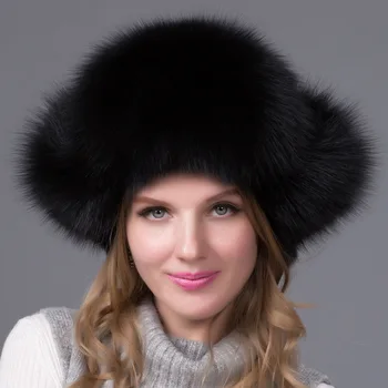 Нова зимна шапка от естествена кожа, дамски градинска ветрозащитная супер топла шапка-бомбер от естествен лисьего кожа, шапки от естествена мека лисьего кожа
