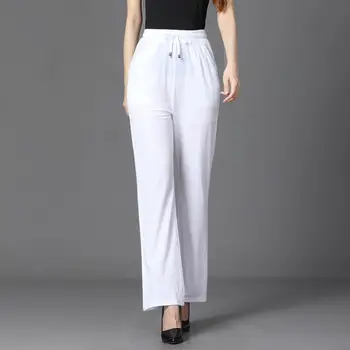 Корейски модни дамски обикновена широки панталони Пролет-лято на фина еластична дантела с висока талия, нови свободни ежедневни прави панталони 5XL