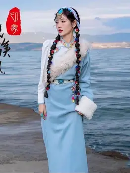 Висококачествено женствена рокля тибетски китайски костюми Традиционна дамски дрехи, за да се изяви в етнически стил тибетски танц халат Рокля