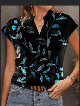 Лятна популярната френска модна тениска с V-образно деколте и къс ръкав за жени, върховете на High Street