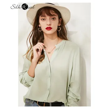 Silviye Масло-зелената коприна на ризата дамски малка риза с дълъг ръкав и V-образно деколте модерен вечерен летен топ blusas mujer de moda 2020